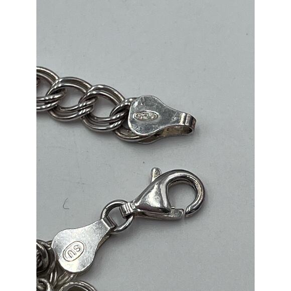 SU Sterling Silver Signed Italy Double Link Charm Bracelet With Heart Charm - Picture 5 of 8